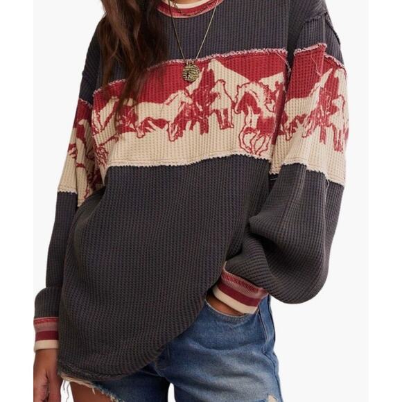 NWT Free People Big Sky Horse Waffle Knit Long Sleeve, Small - Picture 1 of 9